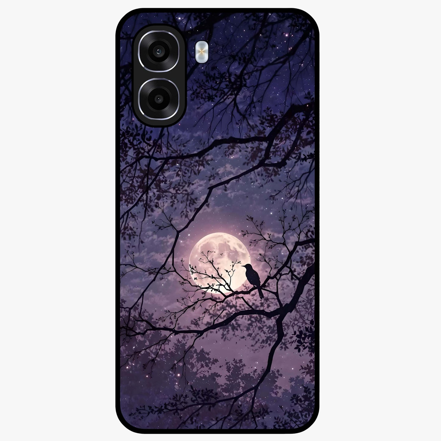 Whispering Moon Silence Glass Case showing flat back view with serene moon themed artwork and glossy glass finish.