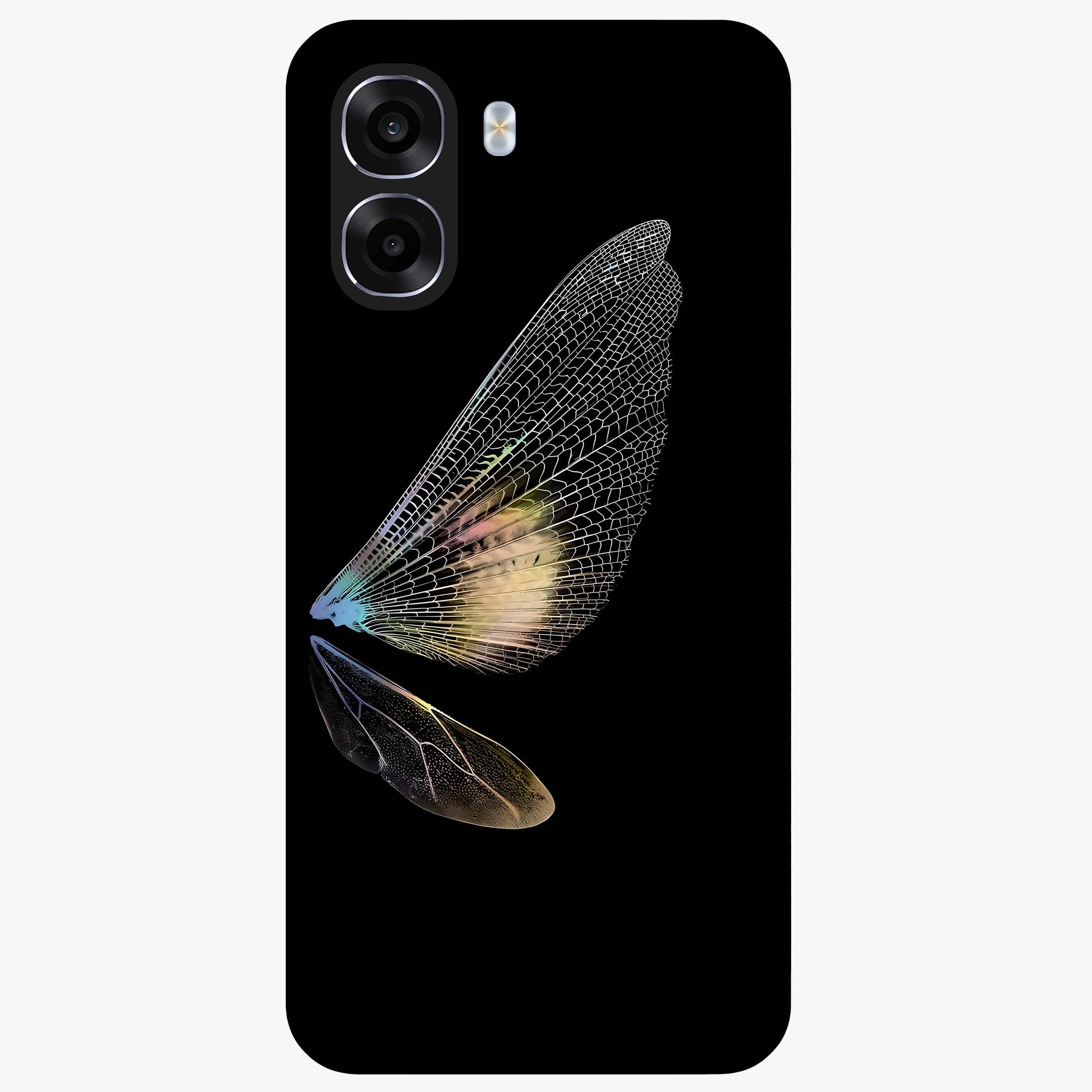 Whispers Of Wings Glass Case showing flat back view with graceful wing inspired artwork and glossy glass finish.