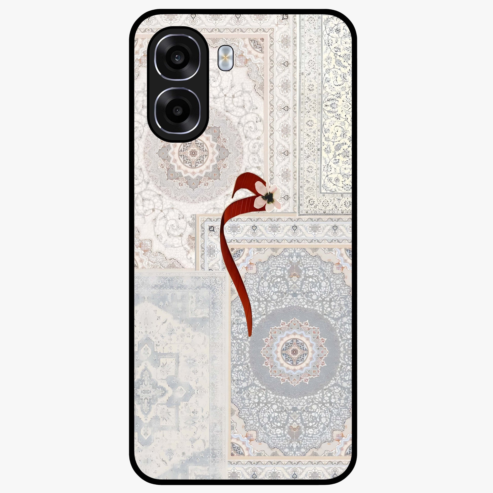 White Aesthetic Bow Glass Case showing flat back view with minimal bow artwork and glossy glass finish.