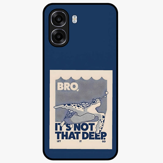 Worry Less Swim Glass Case showing flat back view with playful motivational artwork and glossy glass finish.