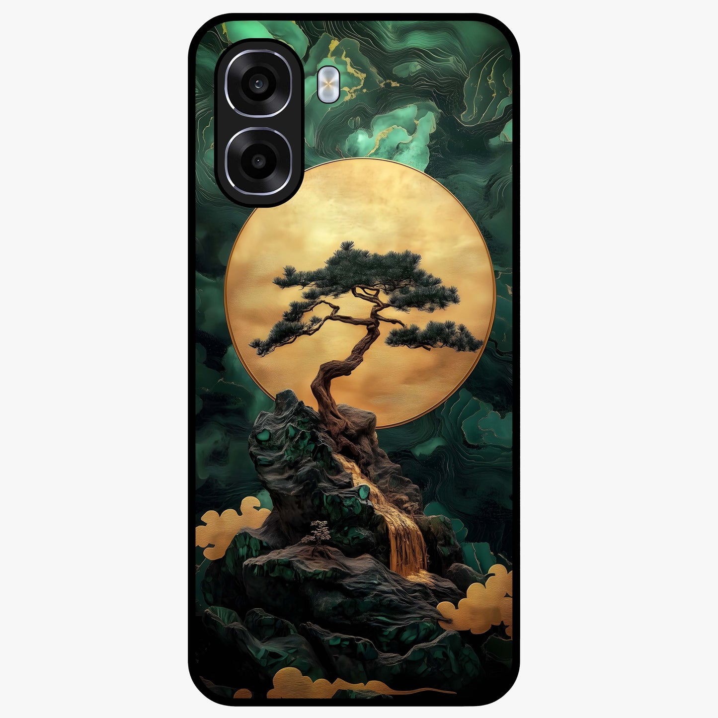 Zen Moon Rise Glass Case showing flat back view with calm moonrise artwork and glossy glass finish.