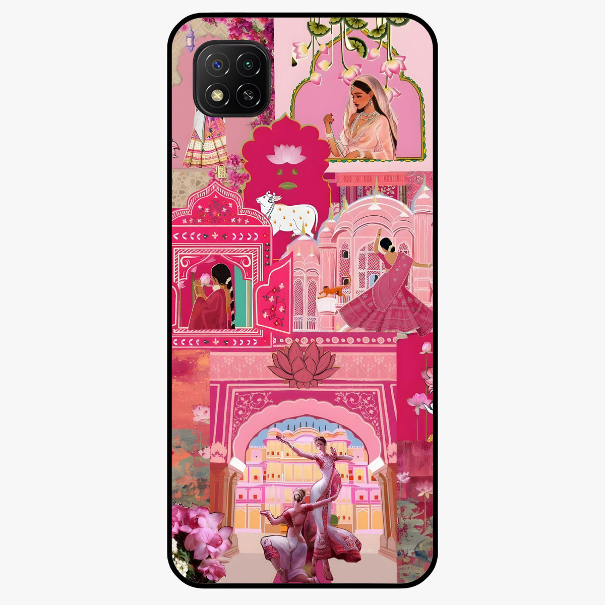 Blossoms of Rajasthan Glass Case showing flat back view with traditional floral artwork inspired by Rajasthan and glossy glass finish.