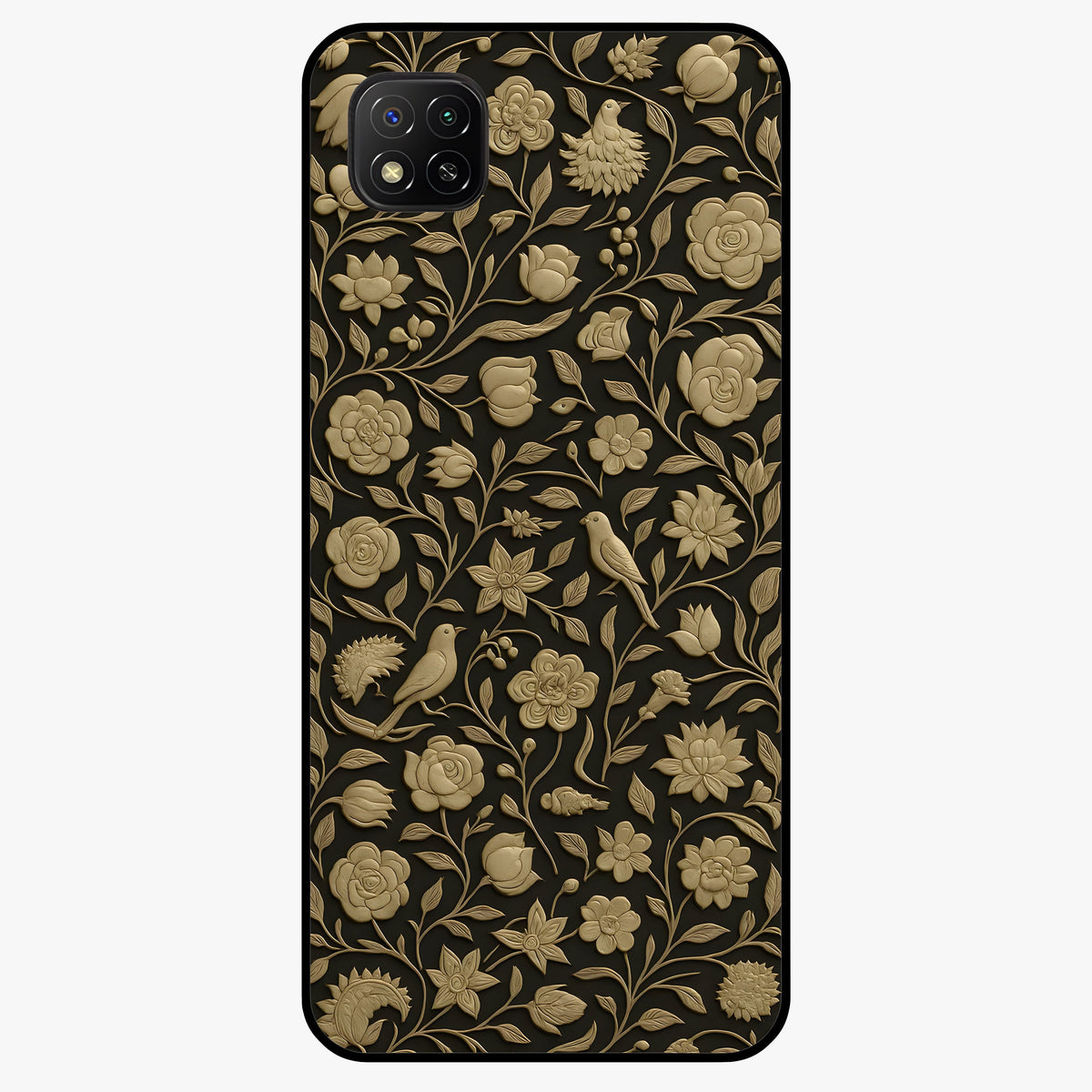 Golden Floral Majesty Glass Case showing flat back view with luxurious golden floral artwork and glossy glass finish.