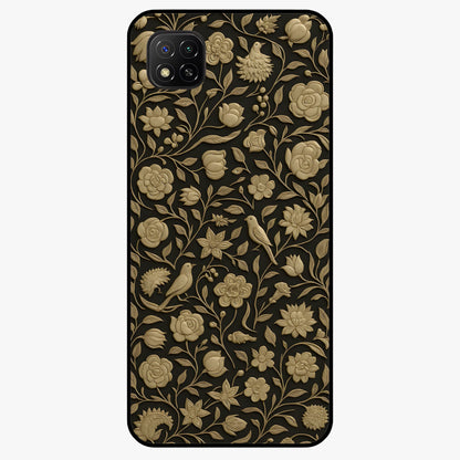 Golden Floral Majesty Glass Case showing flat back view with luxurious golden floral artwork and glossy glass finish.