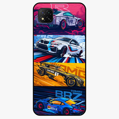 JDM Sports Car Glass Case showing flat back view with high performance sports car artwork and glossy glass finish.