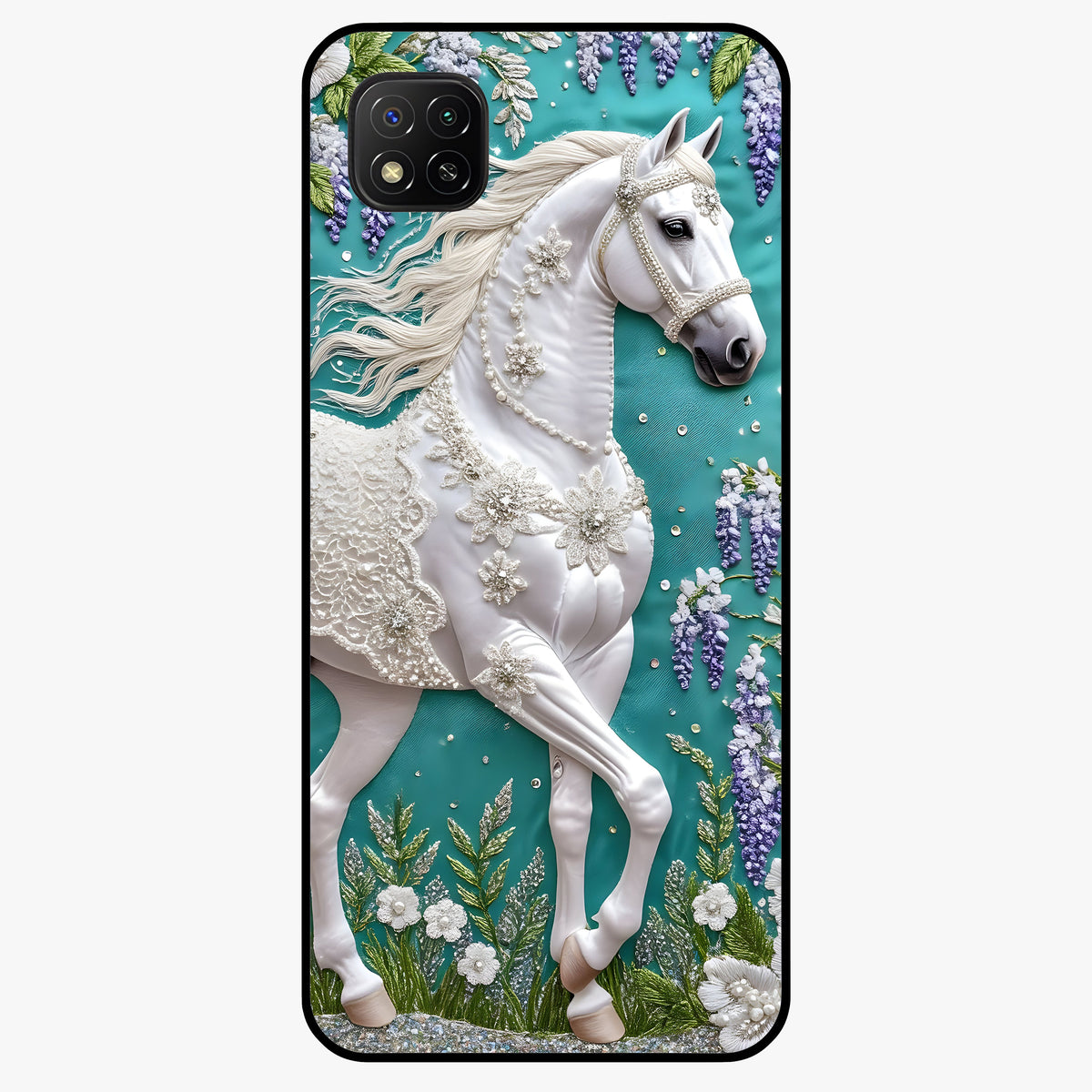 Majestic Floral Stallion Glass Case showing flat back view with powerful horse and floral artwork and glossy glass finish.