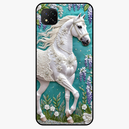 Majestic Floral Stallion Glass Case showing flat back view with powerful horse and floral artwork and glossy glass finish.