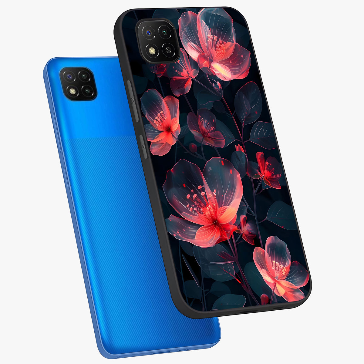 Dark Shade of Flower Glass Case displayed in angled mockup highlighting moody floral illustration with aesthetic dark tones.