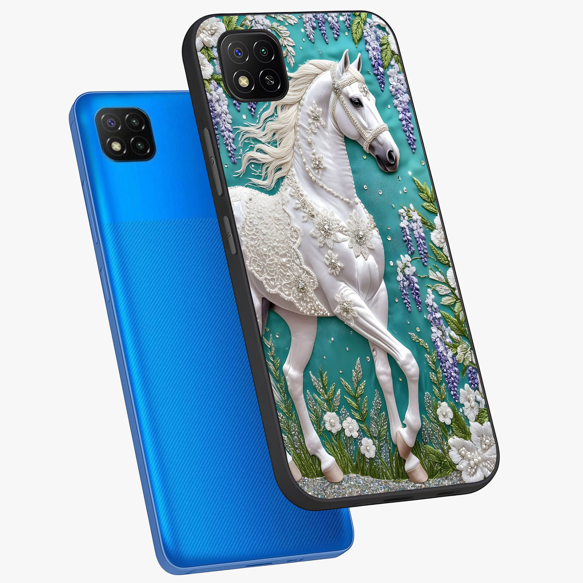 Majestic Floral Stallion Glass Case displayed in angled mockup highlighting majestic stallion illustration with elegant floral aesthetic.