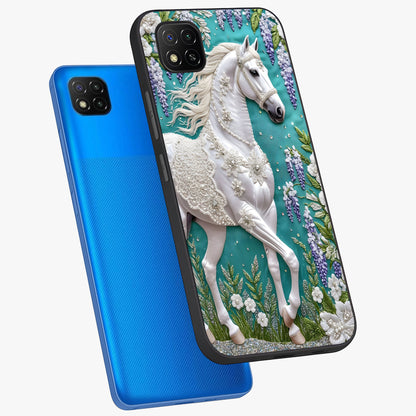 Majestic Floral Stallion Glass Case displayed in angled mockup highlighting majestic stallion illustration with elegant floral aesthetic.