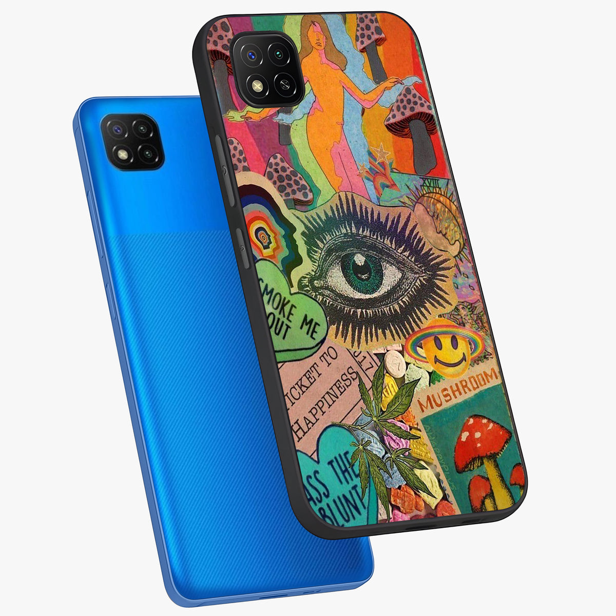 Mystic Eye Wonderland Glass Case displayed in angled mockup highlighting magical eye illustration with dreamy aesthetic.