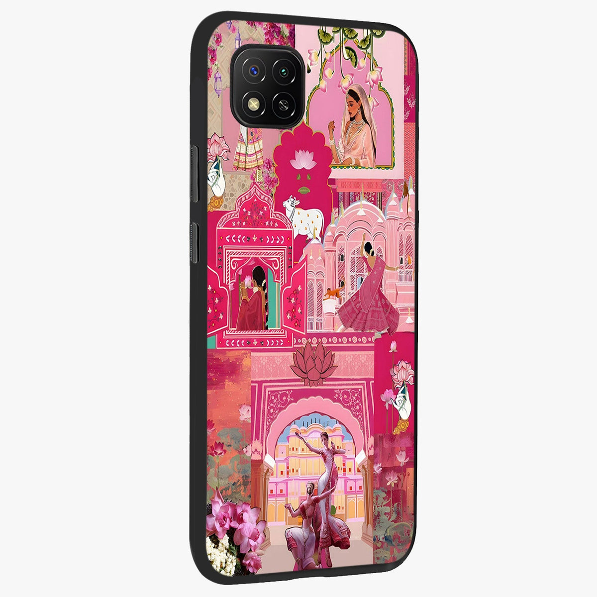 Blossoms of Rajasthan Glass Case upright view showcasing colorful floral design inspired by traditional Indian art.