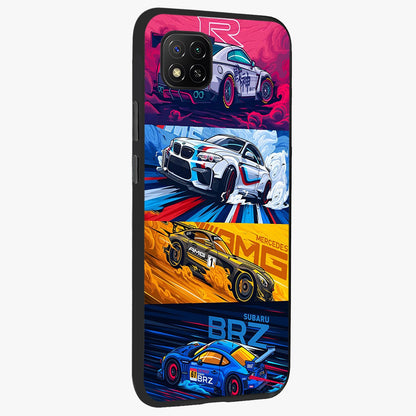 JDM Sports Car Glass Case upright view showcasing dynamic sports car artwork with bold racing theme.