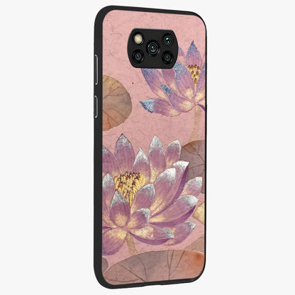 Blossom Mist Lotus Glass Case upright view showcasing graceful lotus flower design with peaceful botanical style.