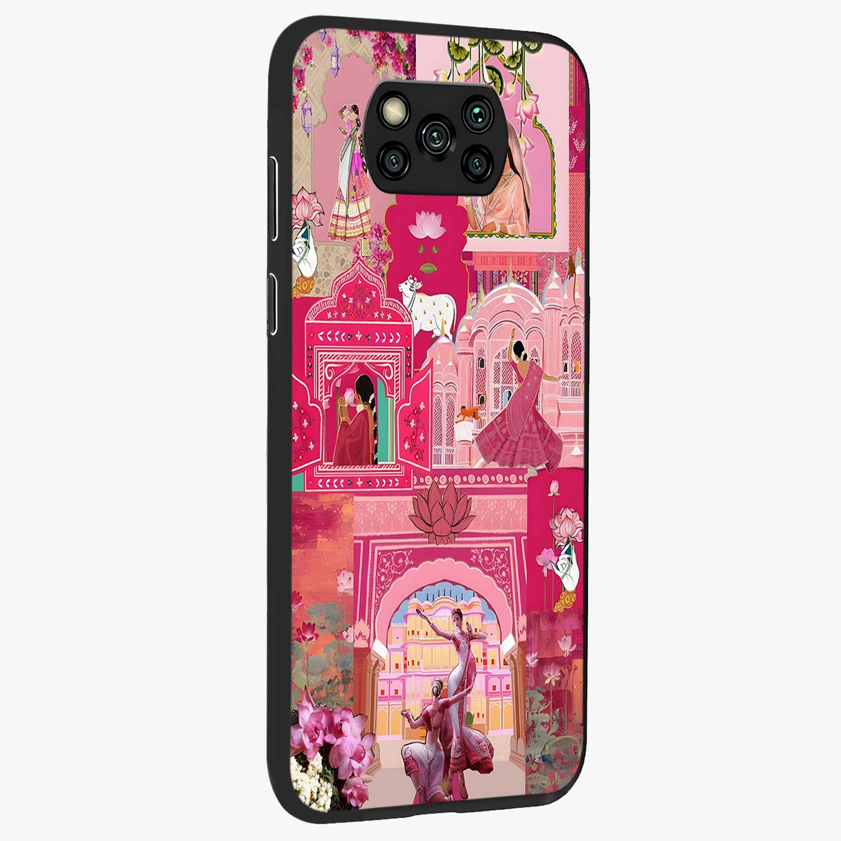 Blossoms of Rajasthan Glass Case upright view showcasing colorful floral design inspired by traditional Indian art.