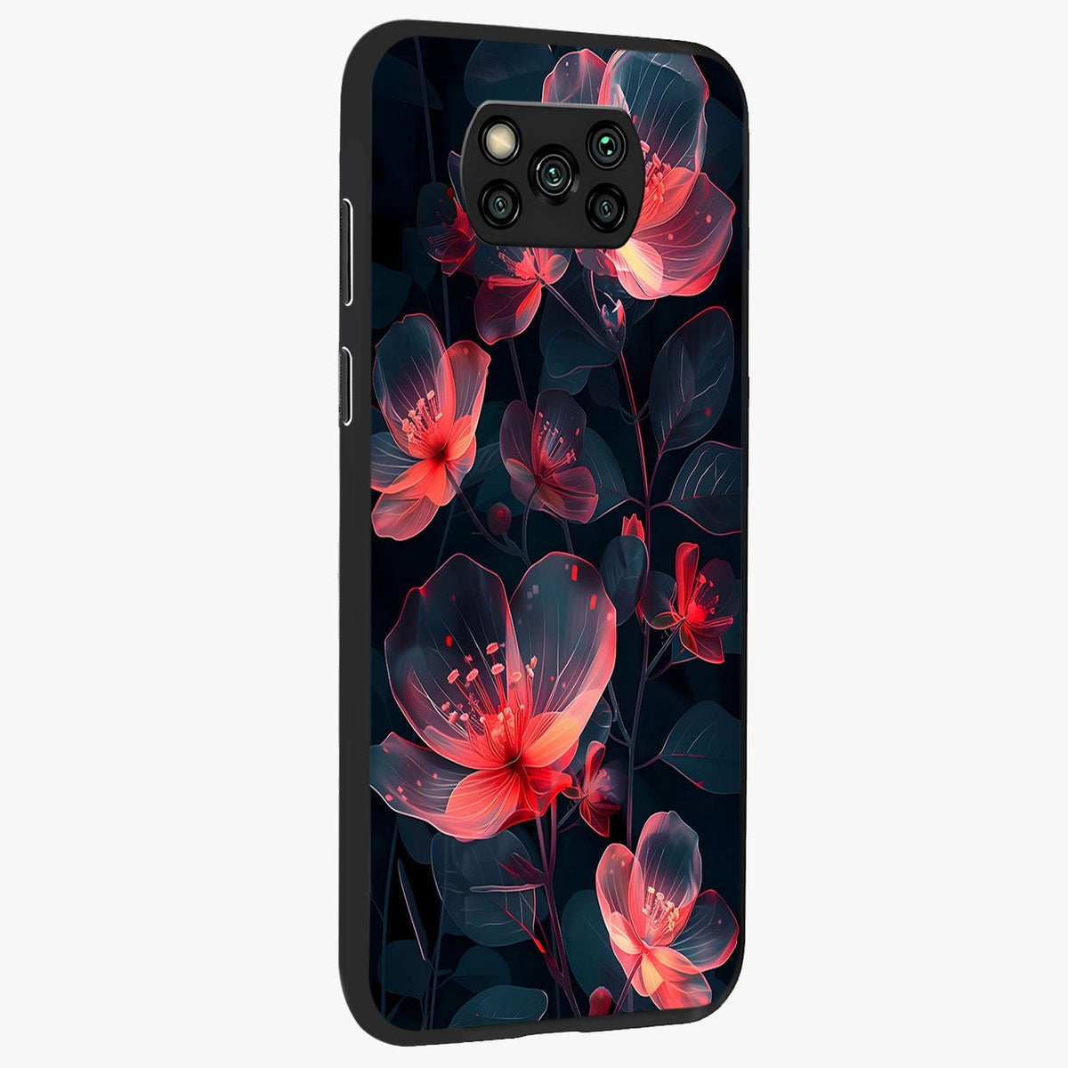 Dark Shade of Flower Glass Case upright view showcasing delicate flower artwork with rich dark floral theme.