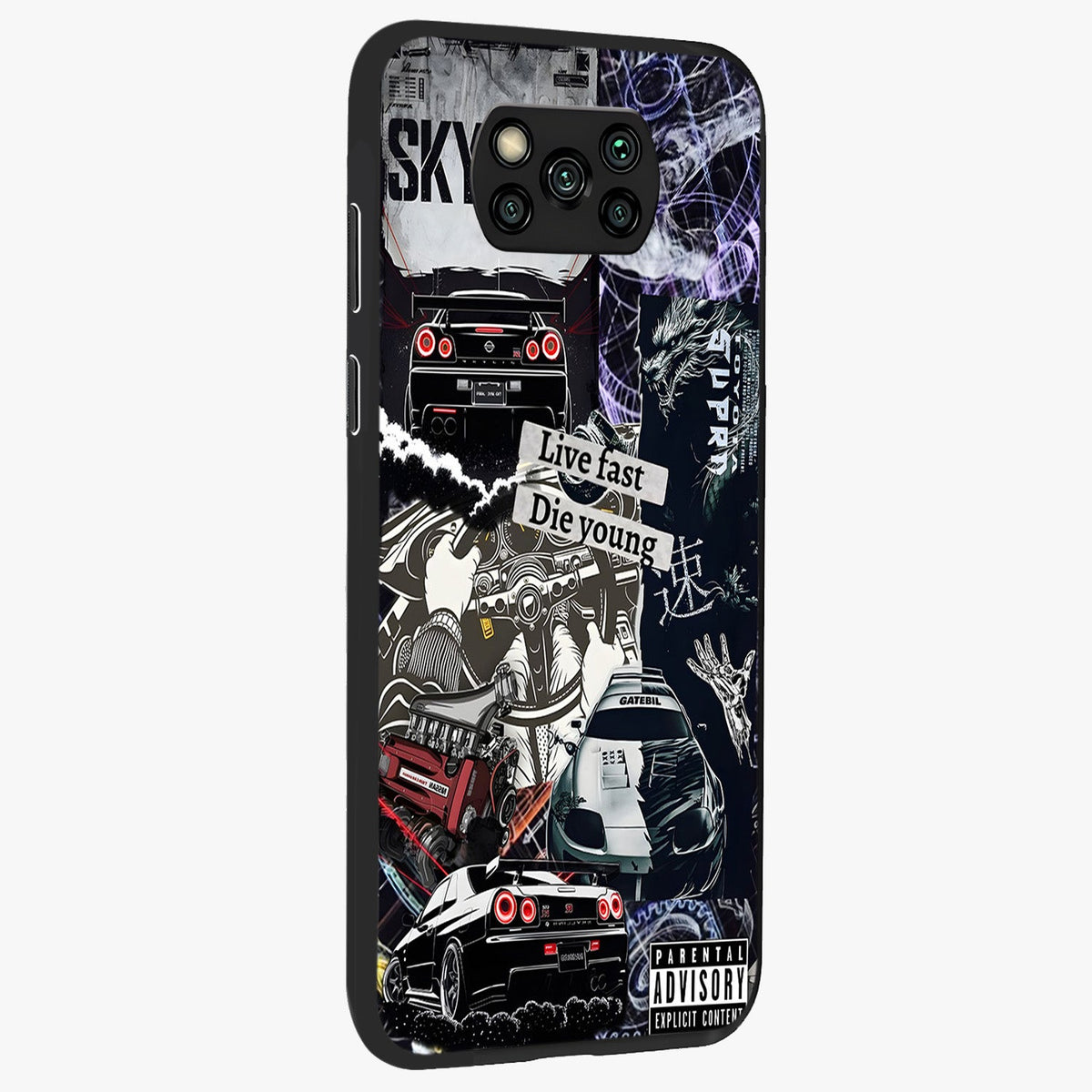 Die Young Glass Case upright view showcasing striking typography artwork with modern statement theme.