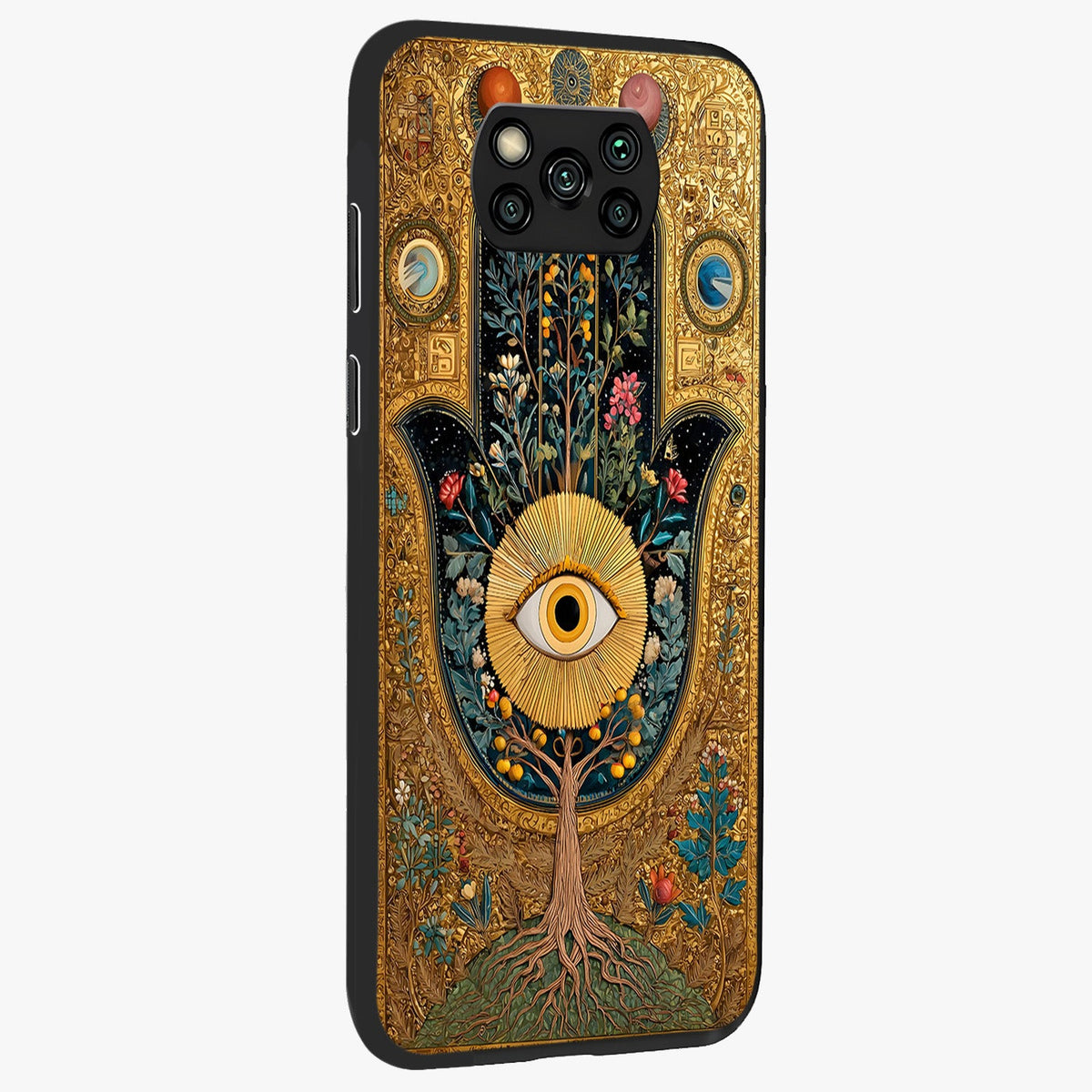 Ethereal Evil Eye Glass Case upright view showcasing celestial evil eye artwork with mystical theme.