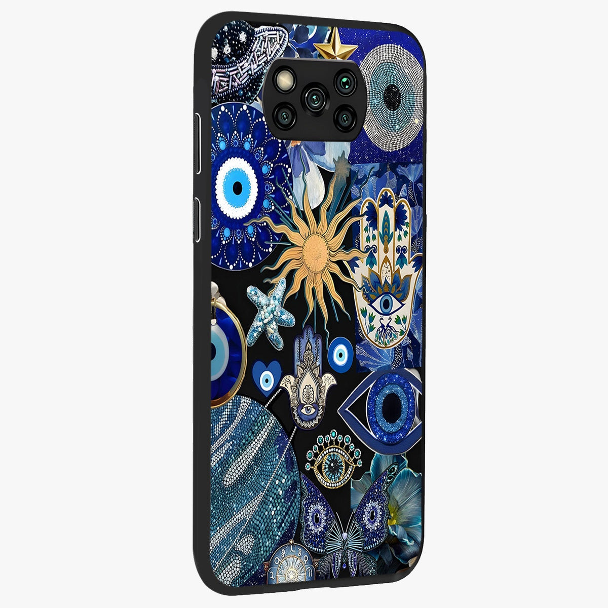 Evil Eye Charm Mix Glass Case upright view showcasing mystical evil eye pattern with vibrant decorative style.