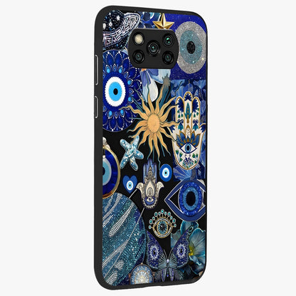 Evil Eye Charm Mix Glass Case upright view showcasing mystical evil eye pattern with vibrant decorative style.