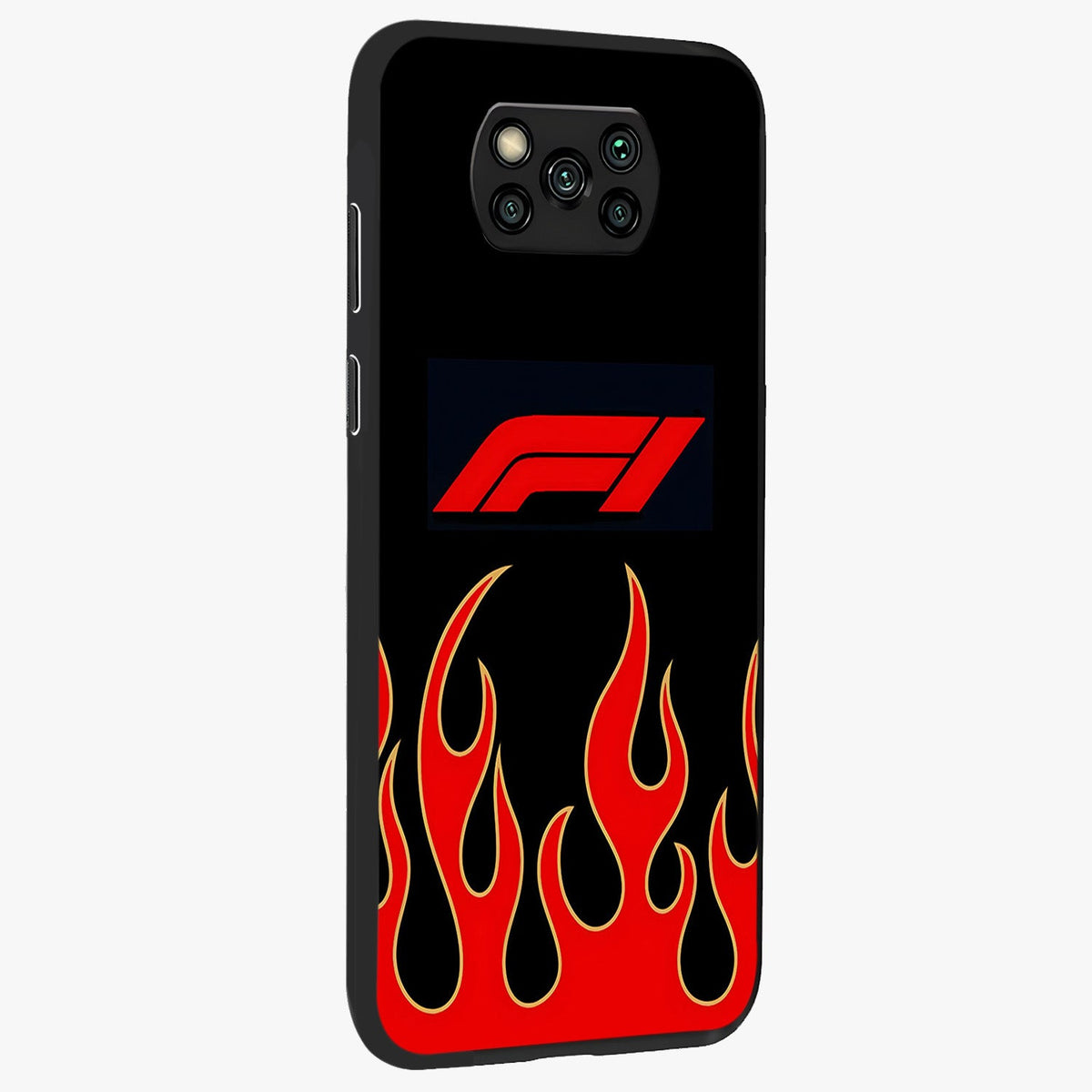 Fire F11 Glass Case upright view showcasing dynamic flame artwork with intense visual theme.