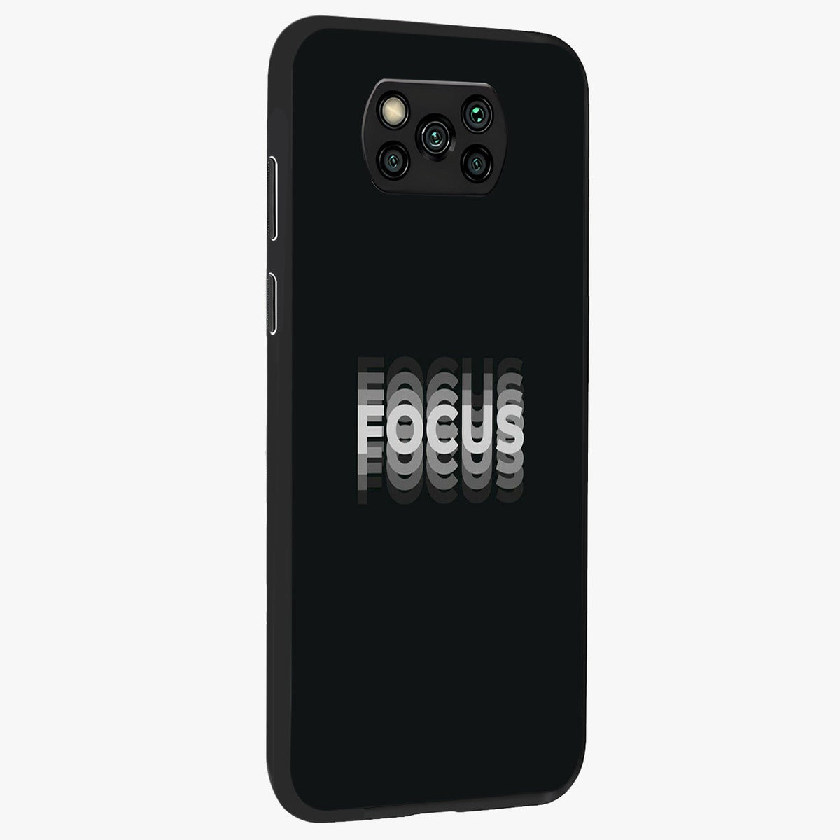 Focus Mode On Glass Case upright view showcasing strong typography statement with sleek motivational theme.
