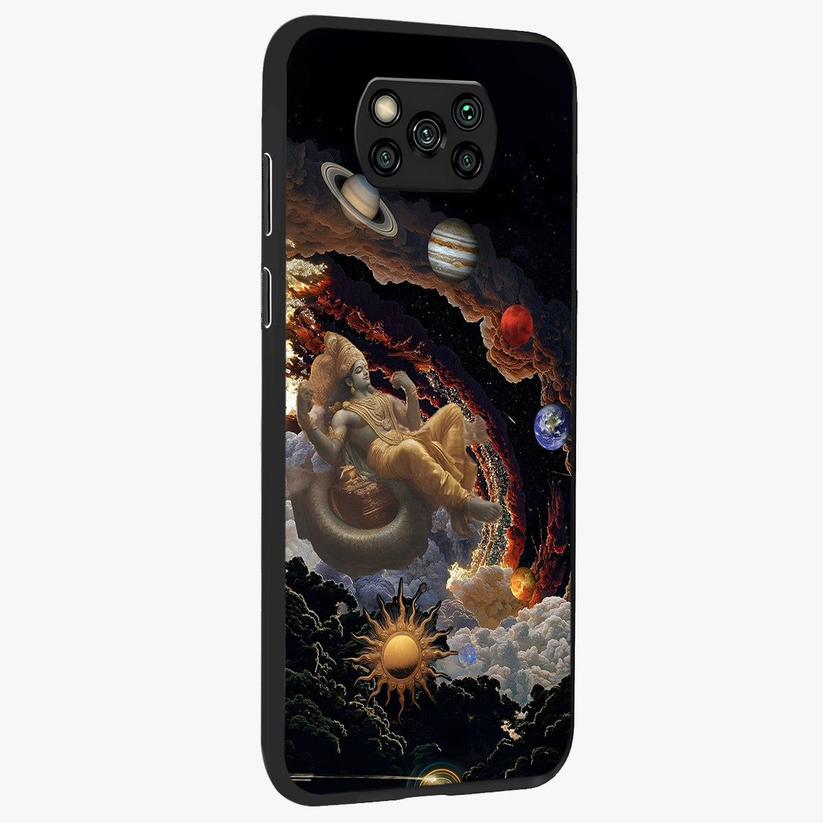 Galactic Divine God Glass Case upright view showcasing mystical divine artwork with dramatic cosmic theme.