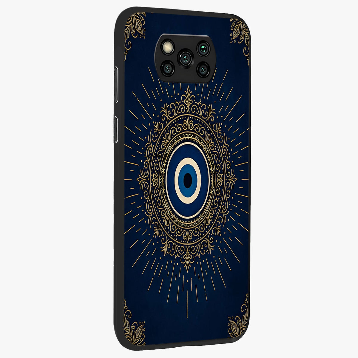 Golden Celestial Charm Glass Case upright view showcasing radiant celestial artwork with elegant golden theme.