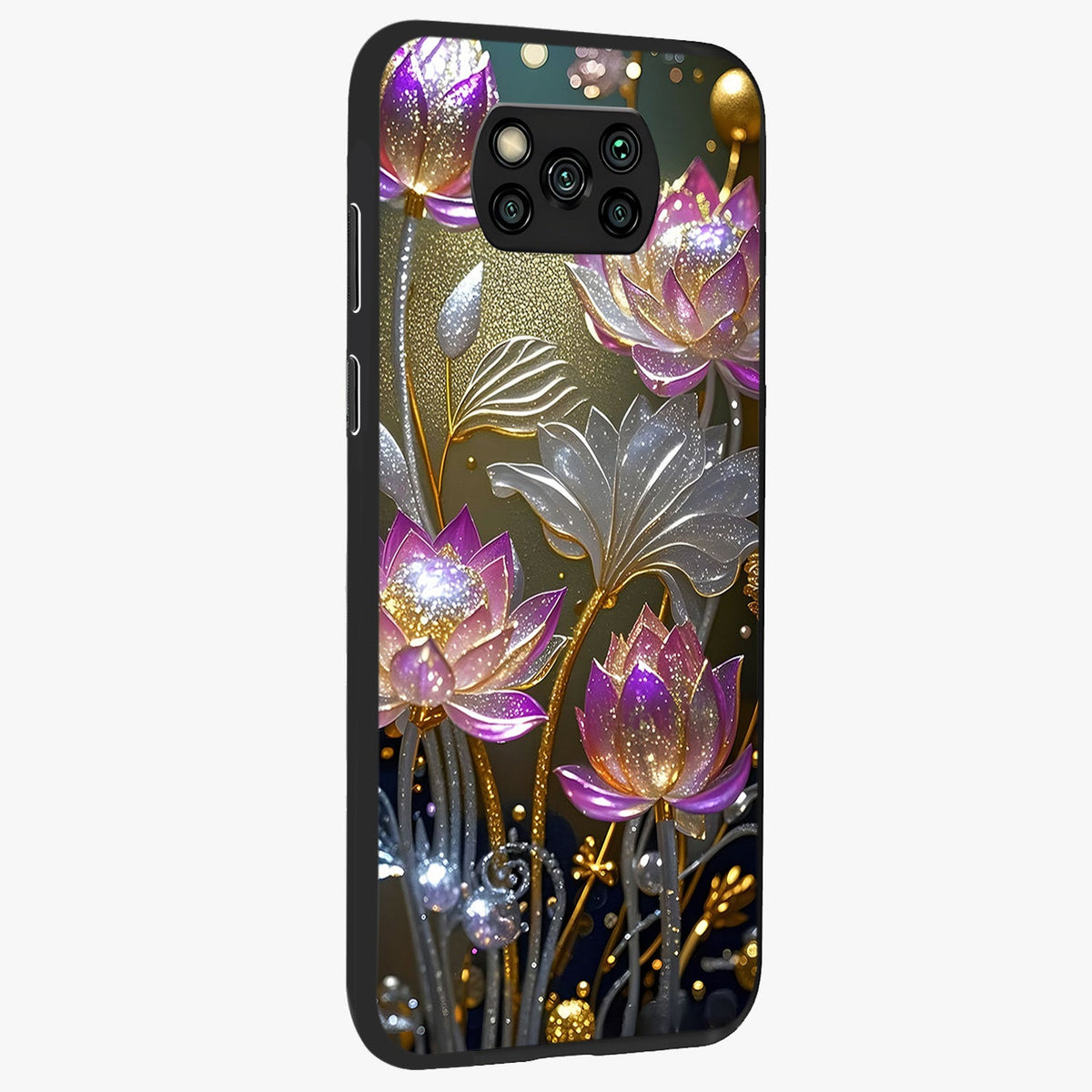 Golden Floral Majesty Glass Case upright view showcasing majestic floral artwork with rich decorative theme.