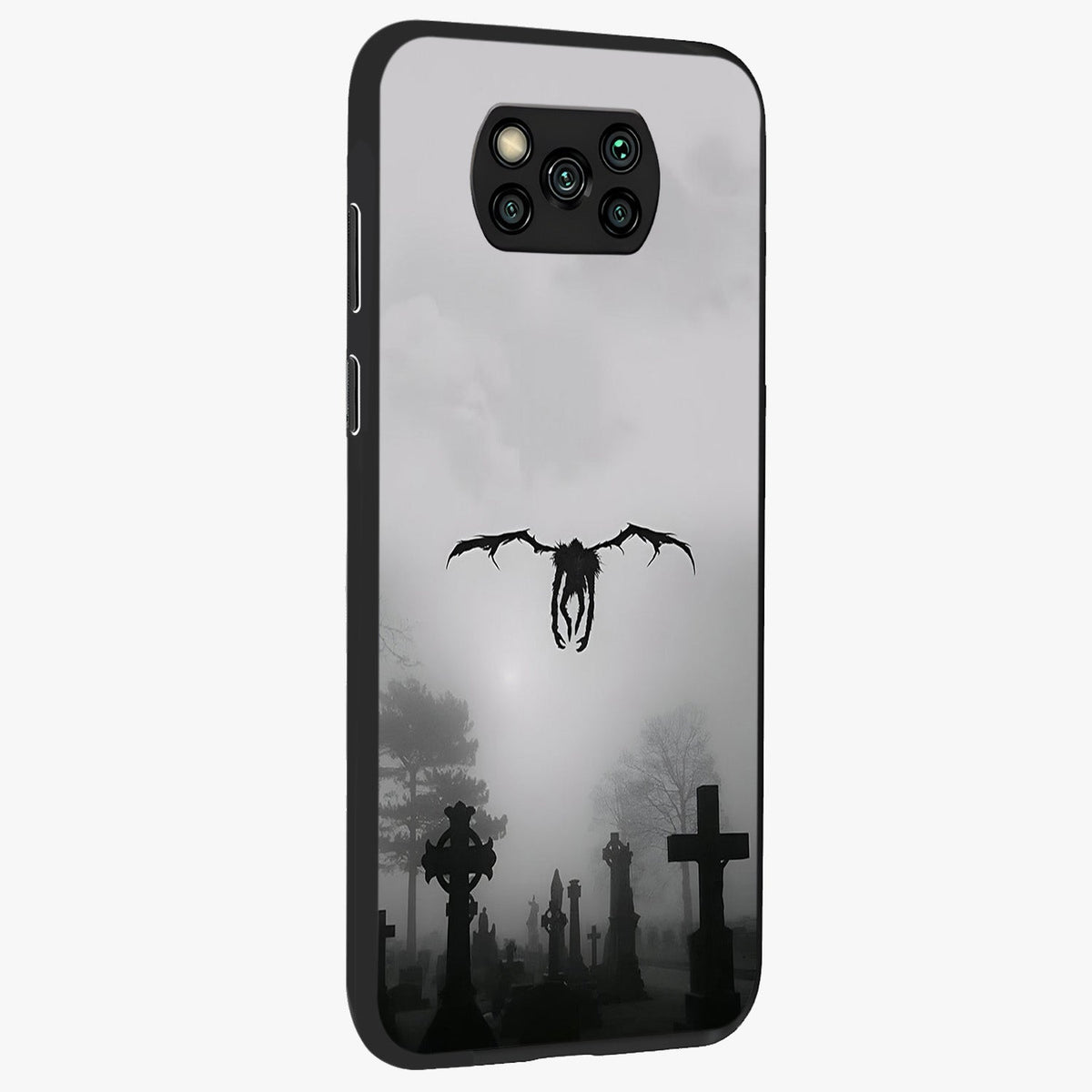 Graveyard Shadow Descent Glass Case upright view showcasing haunting graveyard artwork with dramatic dark theme.