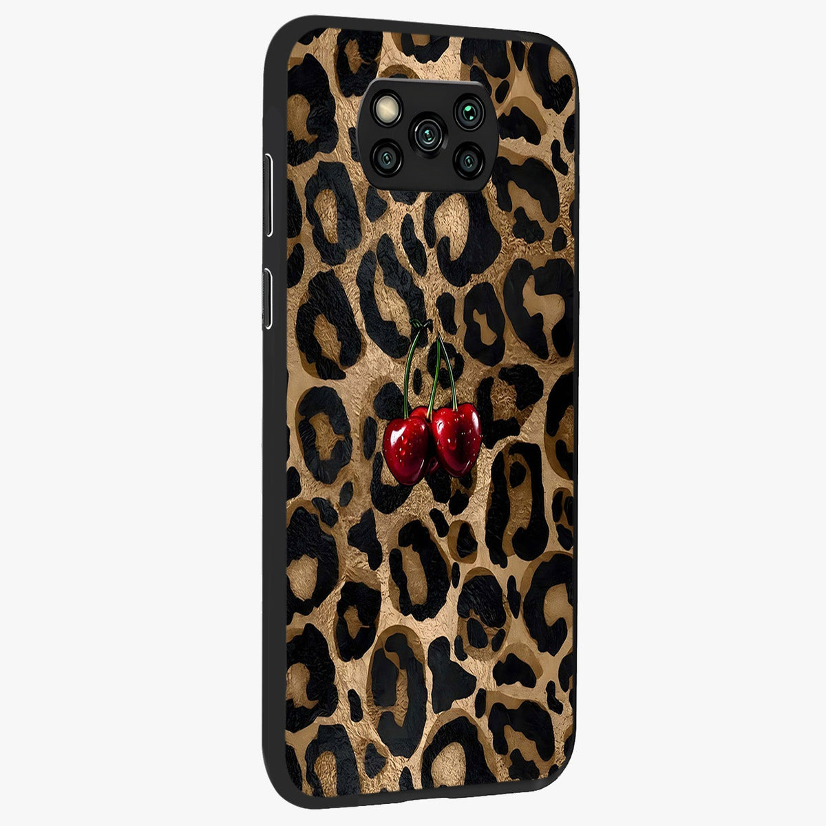 Leopard Wild Cherry Glass Case upright view showcasing stylish leopard pattern artwork with trendy fashion theme.
