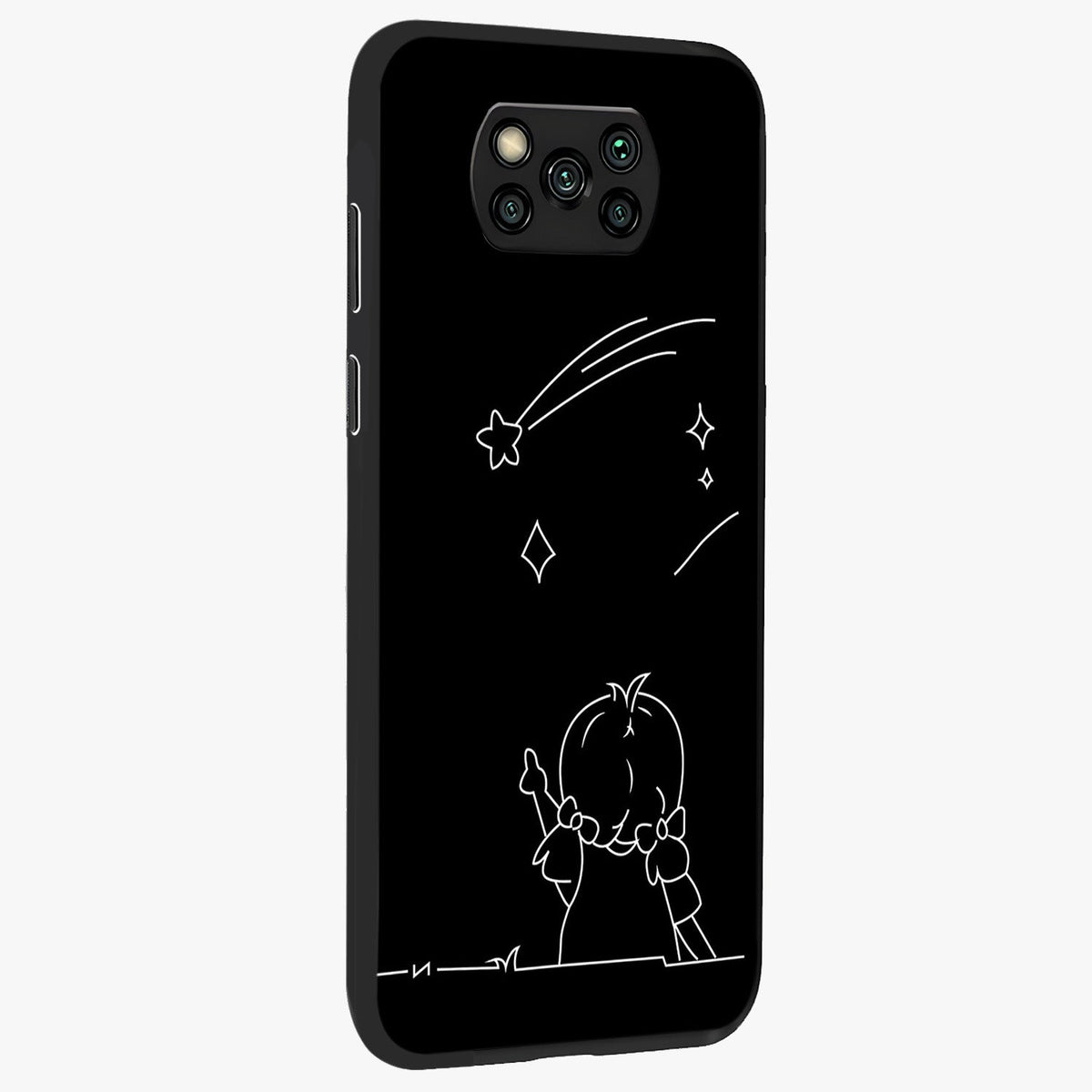 Line Art Girl With Shooting Stars Glass Case upright view showcasing delicate shooting stars artwork with minimal artistic theme.