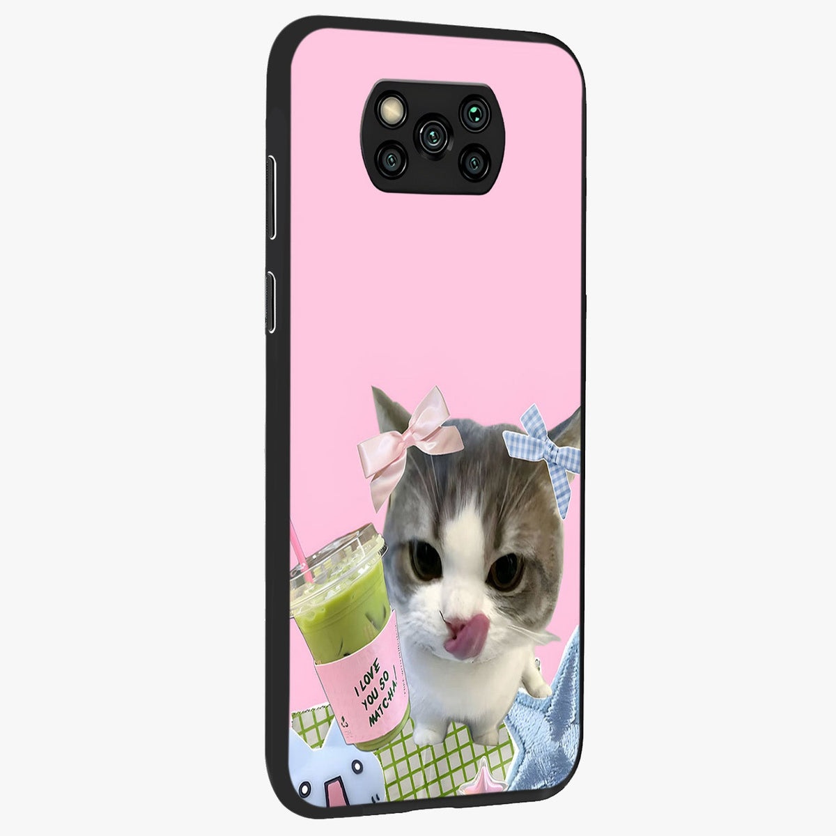 Love Matcha Cat Glass Case upright view showcasing adorable cat artwork with charming matcha themed design.