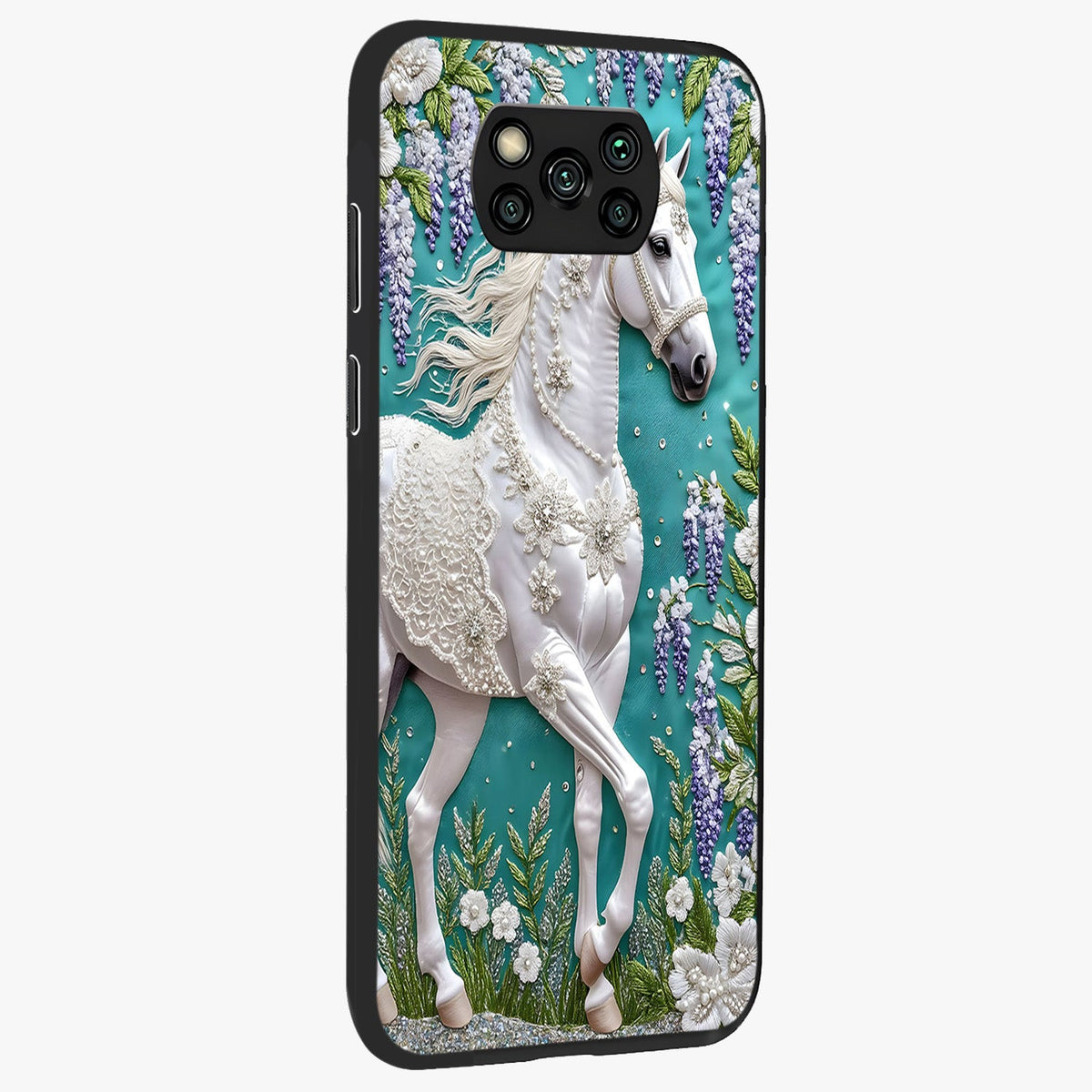 Majestic Floral Stallion Glass Case upright view showcasing dramatic horse artwork with decorative floral theme.