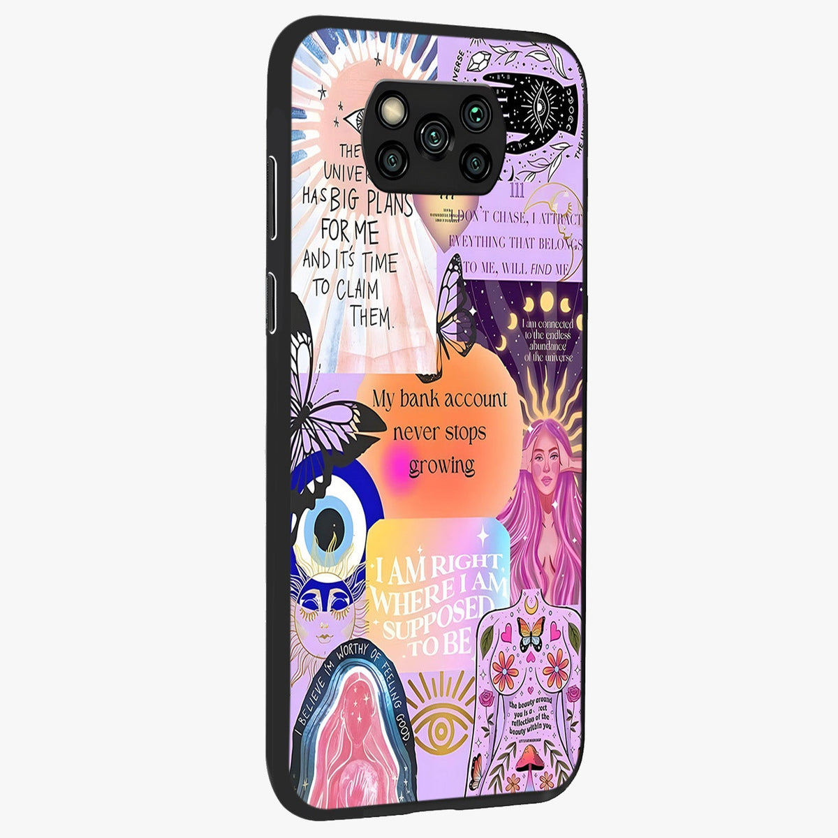 Manifestation Collage Glass Case upright view showcasing artistic manifestation themed artwork with creative style.