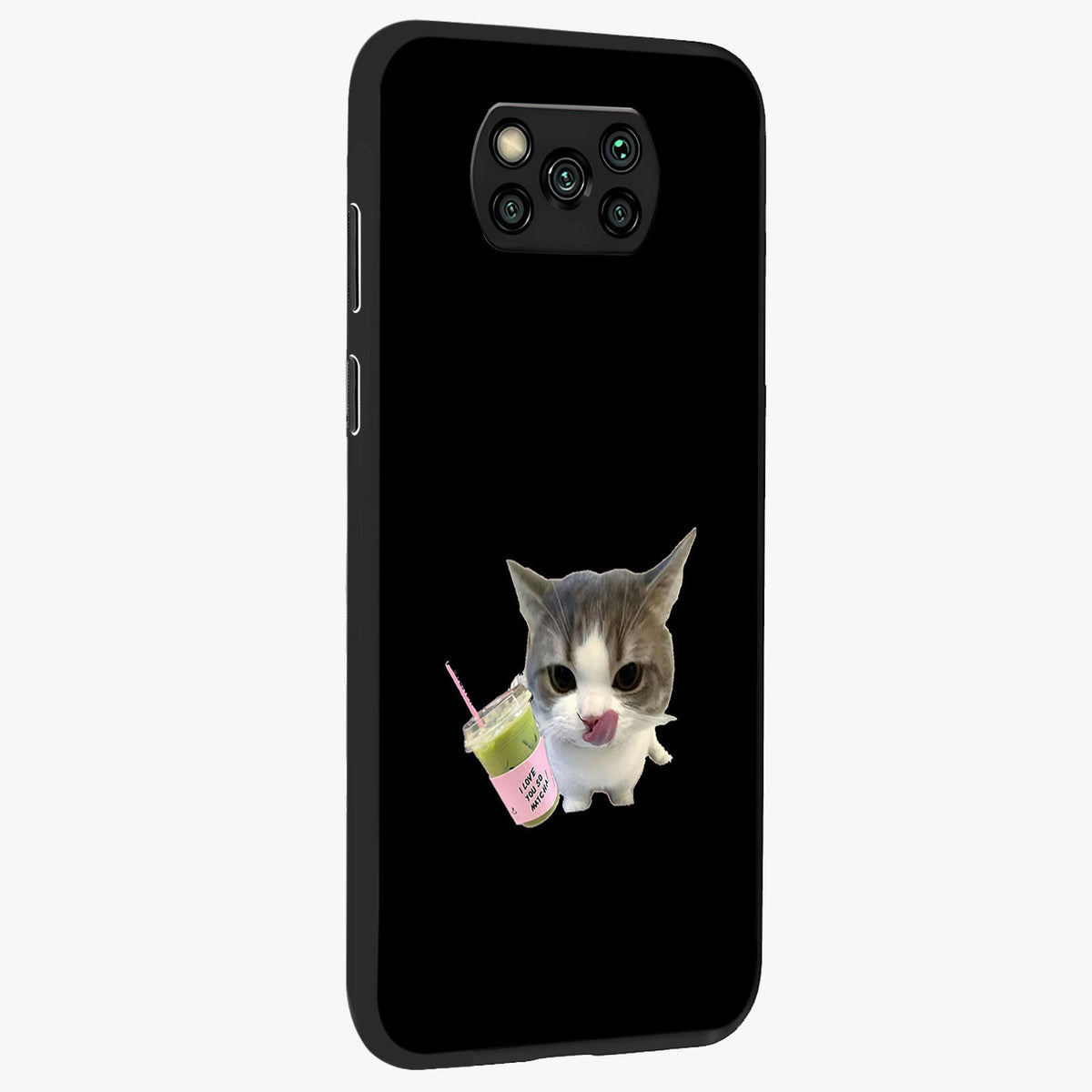 Matcha Cat Style Glass Case upright view showcasing charming cat artwork with cozy aesthetic theme.