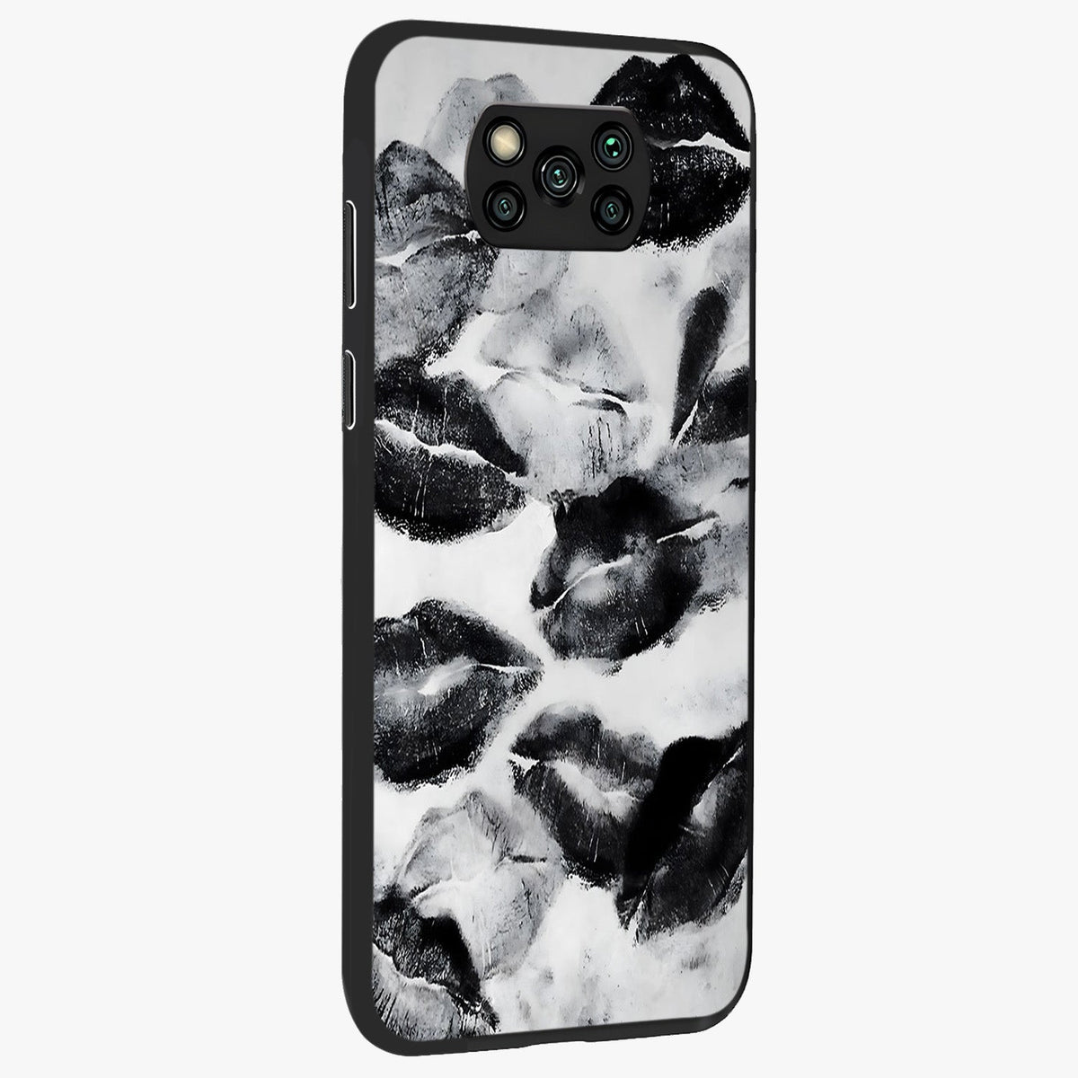 Midnight Kiss Marks Glass Case upright view showcasing stylish kiss mark artwork with trendy romantic theme.