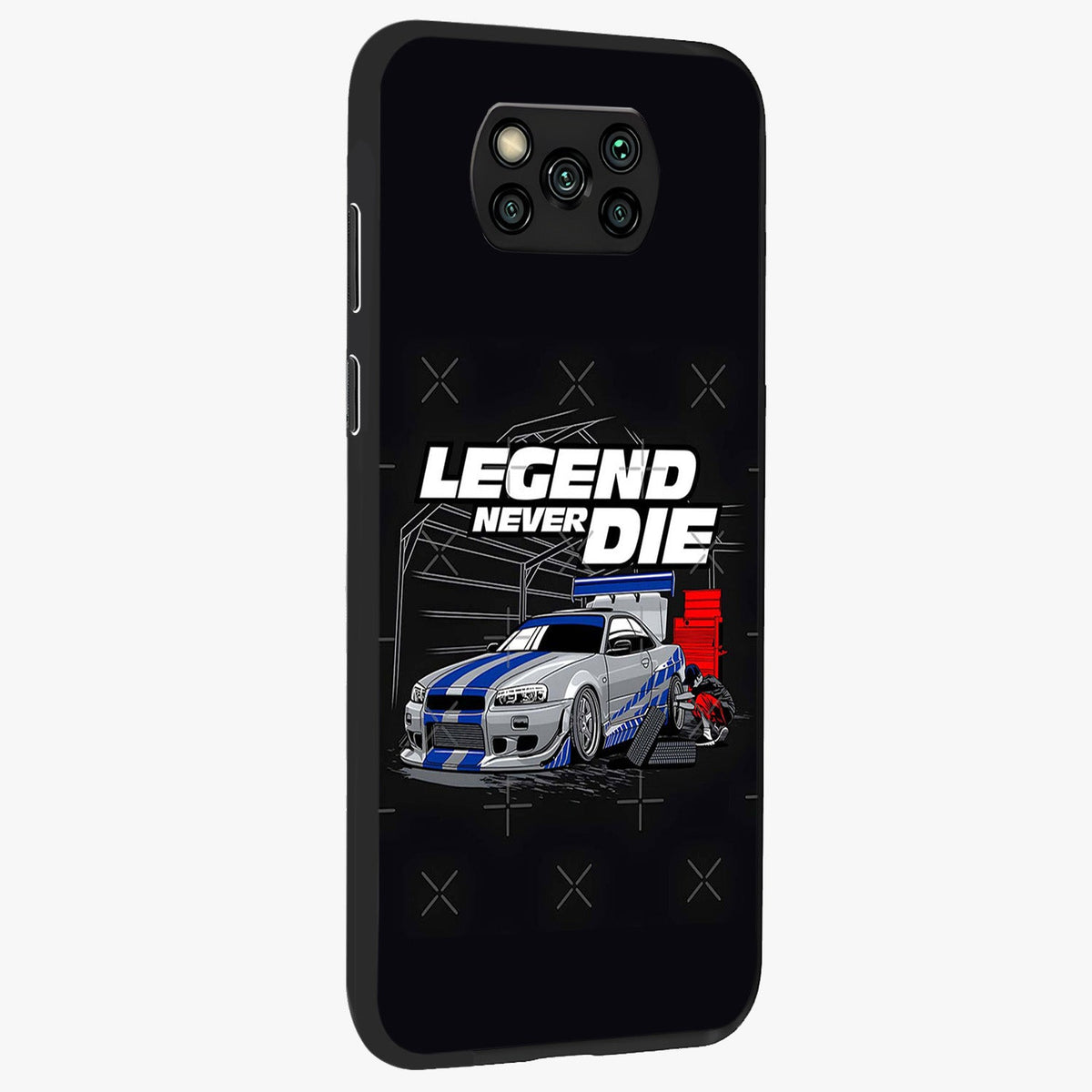Midnight Racing Legacy Glass Case upright view showcasing powerful racing artwork with modern sports theme.