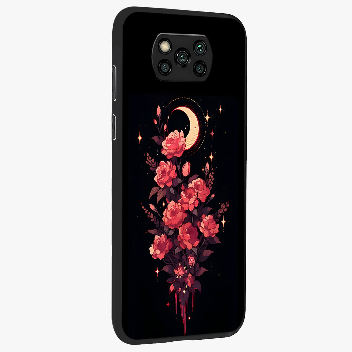 Moonlit Floral Elegance Glass Case upright view showcasing delicate floral artwork with refined night inspired theme.