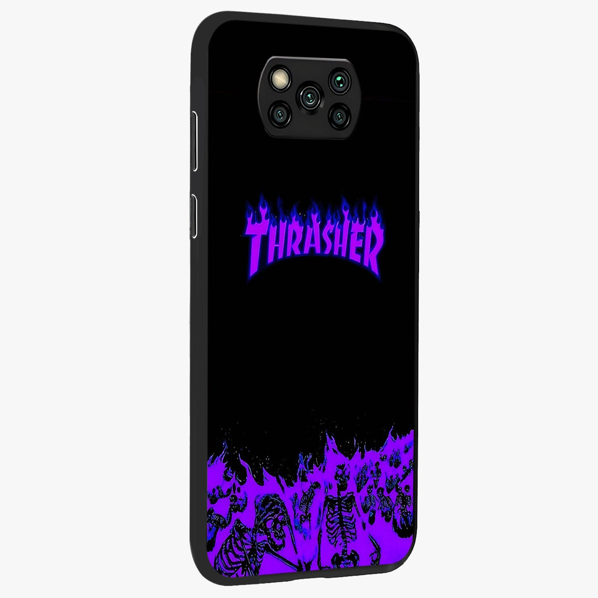 Neon Flame Riot Glass Case upright view showcasing dynamic flame artwork with energetic neon theme.