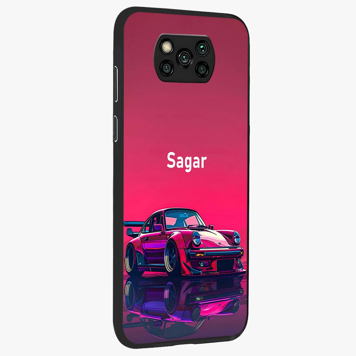 Neon Pink Porsche Glass Case upright view showcasing vibrant sports car artwork with bold automotive theme.