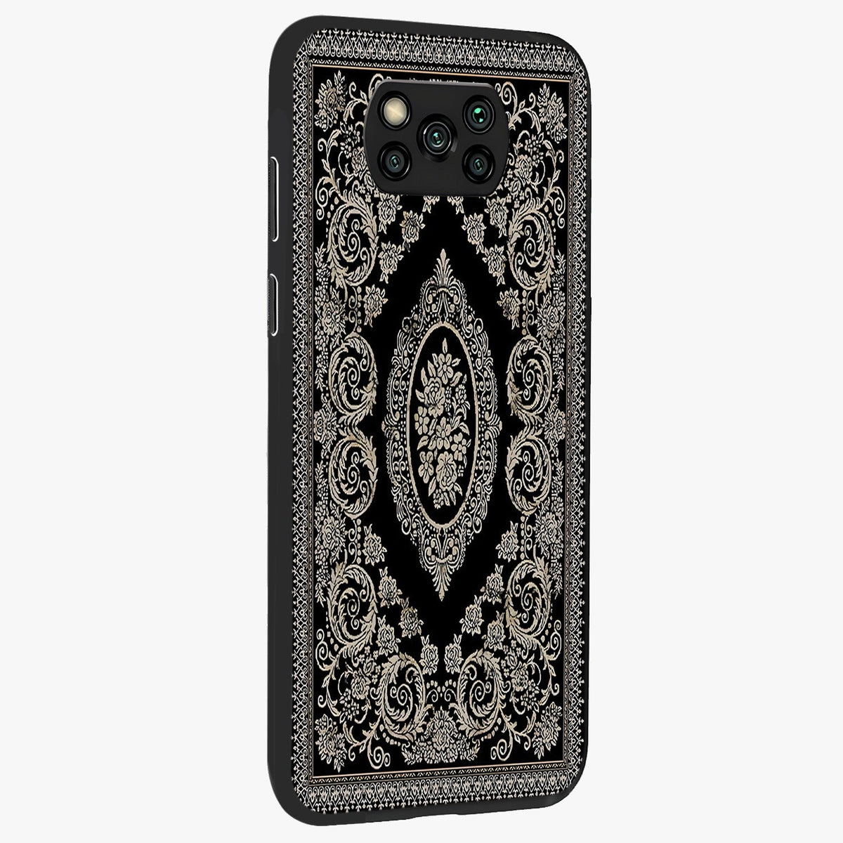 Noir Bloom Elegance Glass Case upright view showcasing graceful floral artwork with luxurious dark theme.