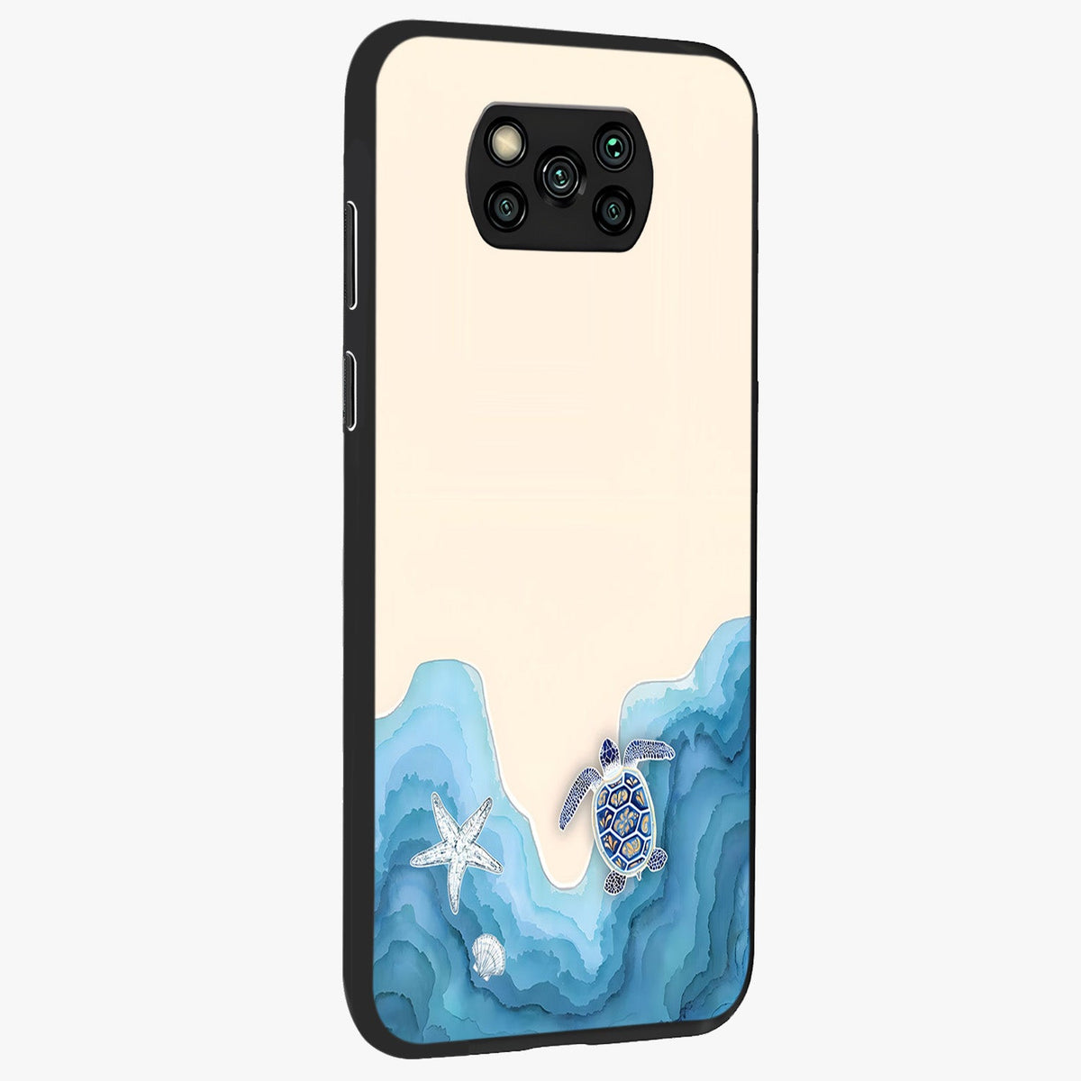 Ocean Drift Turtle Glass Case upright view showcasing calm underwater turtle artwork with nature inspired theme.