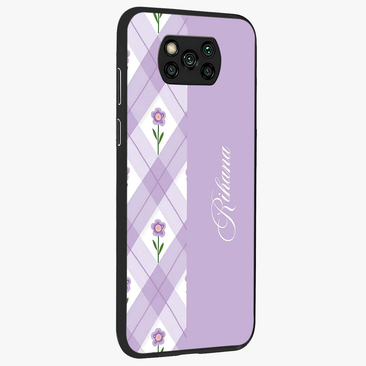 Purple Diamond Floral Glass Case upright view showcasing vibrant floral artwork with stylish geometric theme.