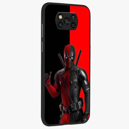 Red & Black Deadpool Theme Glass Case upright view showcasing energetic comic themed artwork with striking red and black design.