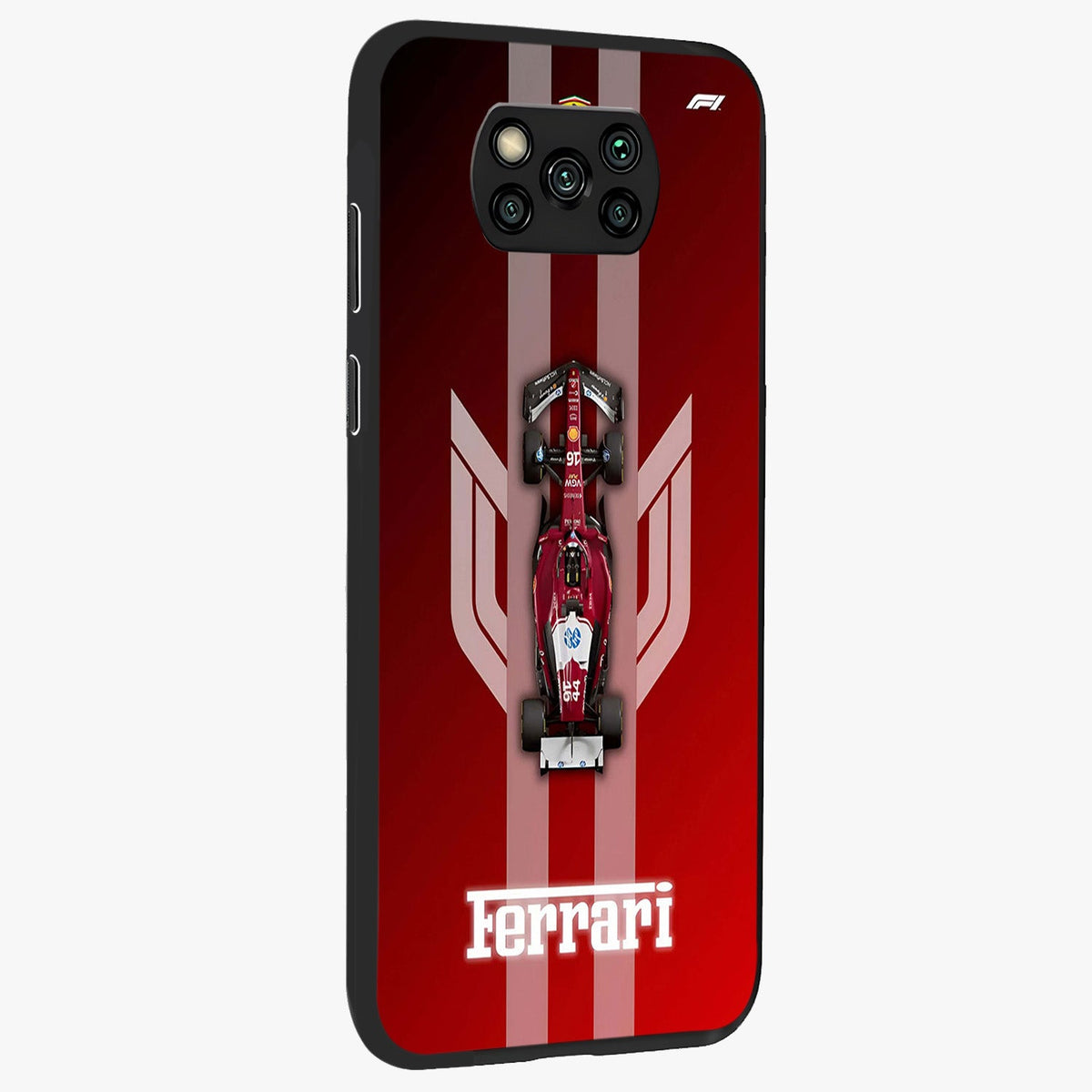 Red Ferrari F1 Vertical Glass Case upright view showcasing powerful Formula car artwork with dynamic motorsport theme.