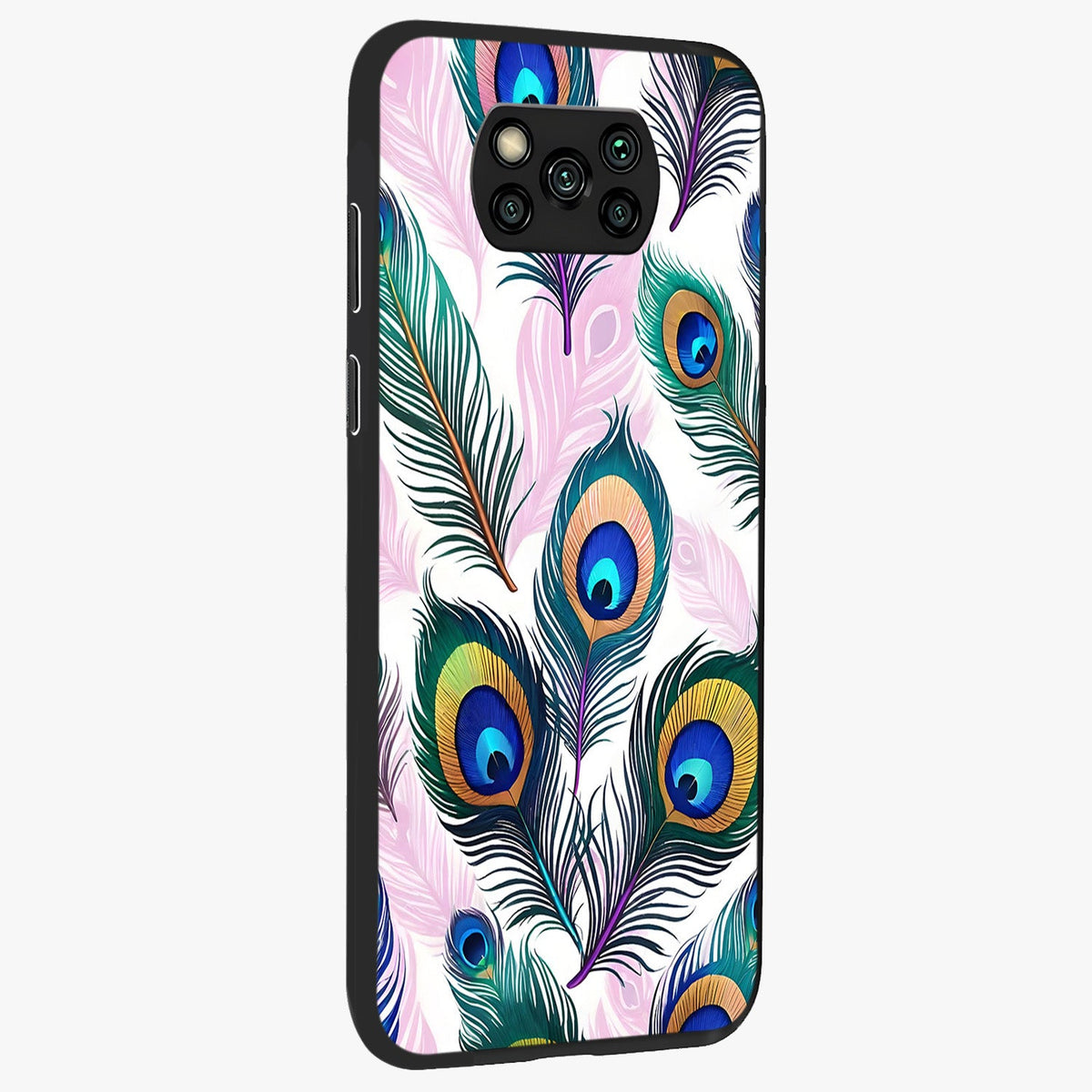 Royal Peacock Feathers Glass Case upright view showcasing elegant peacock feather artwork with decorative royal theme.