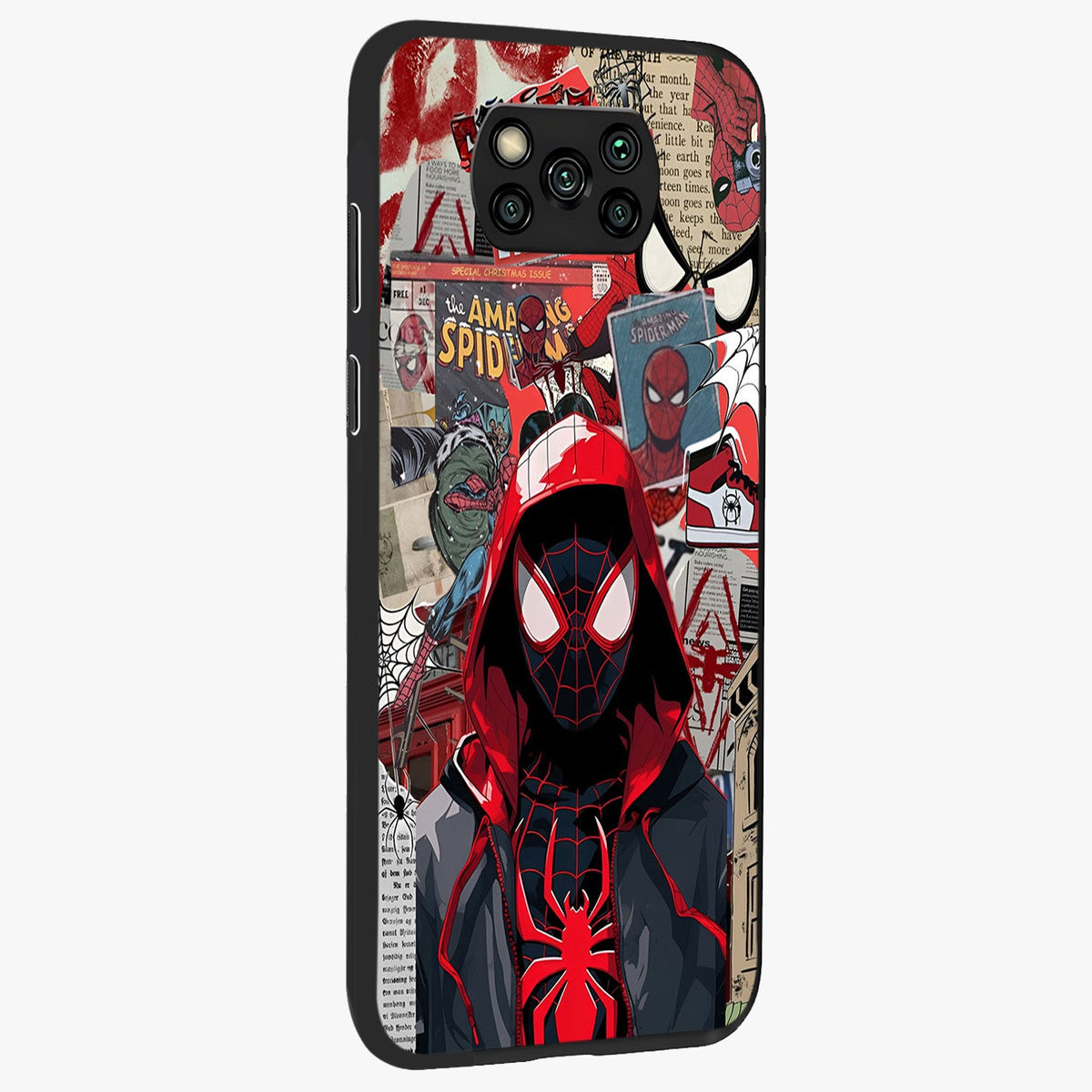 Spider Collage Street Glass Case upright view showcasing bold superhero artwork with urban street theme.