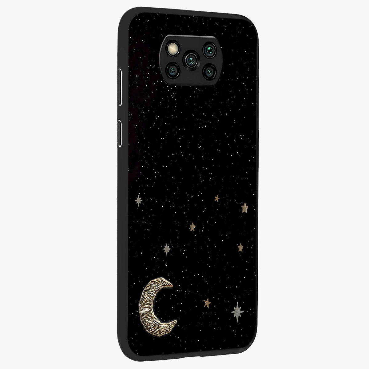 Twinkle Star With Half Moon Glass Case upright view showcasing glowing cosmic artwork with dreamy night theme.