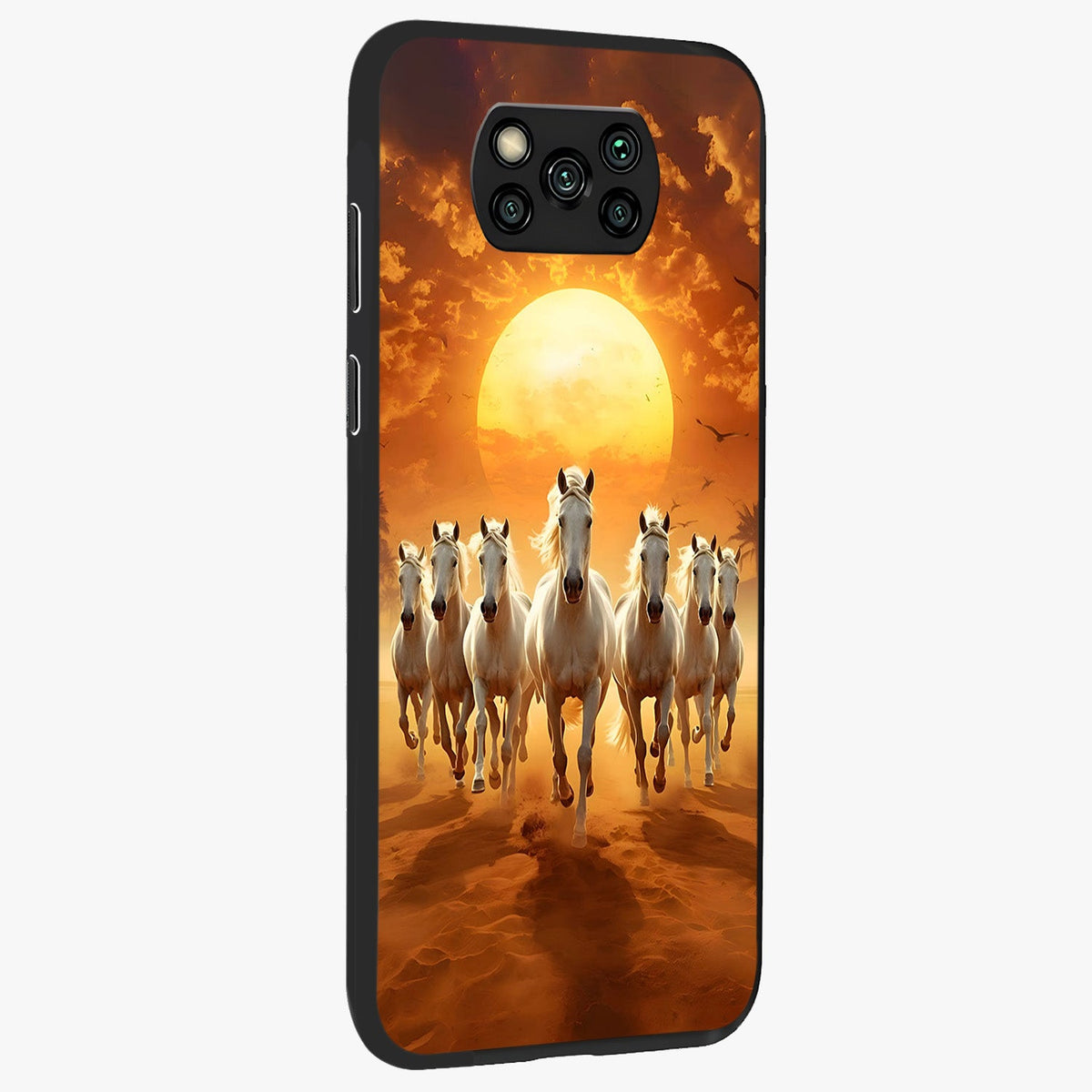 Wild Sunset Majesty Glass Case upright view showcasing dramatic sunset artwork with bold nature theme.